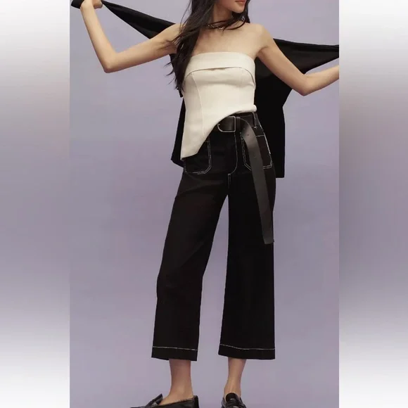 Anthropologie The Colette Contrast-Stitch Cropped Wide-Leg Pants Size 29 - Picture 1 of 6